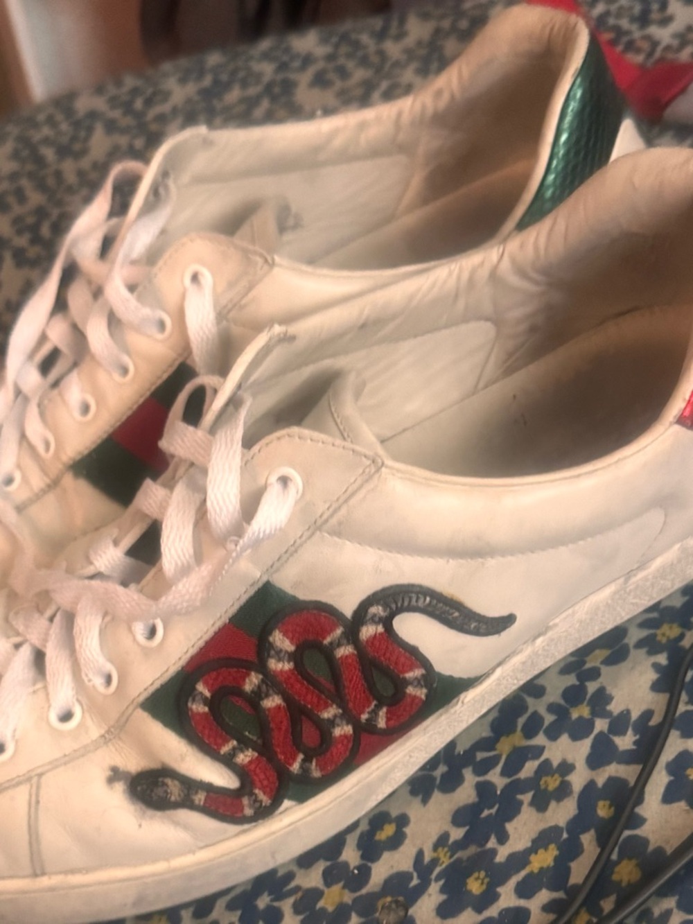 Gucci White Leather Sneakers with Red & Green Snake Motif